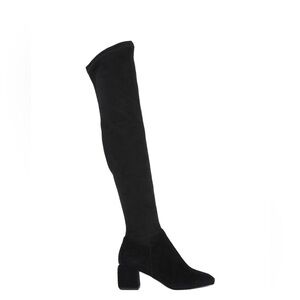 WHAT FOR Black Suede Over-the-Knee Boots Block Heel Almond Toe EU37